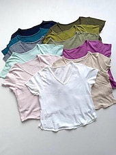 cheap Plain tee-Women's T Shirt Stylish Short Sleeve V Neck Regular Tops Casual Olive green (official brushed inner version) Grey (Official brushed inner fabric) White (official brushed inner fabric) Summer Spring