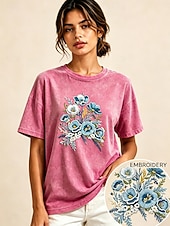 economico Maglietta Arte &amp; Design-Per donna 100% cotone T-shirt ricamata Floreale Grafico Vintage Classico Casual Manica Corta Girocollo Top Regolari Casuale Quotidiano Weekend Rosa Estate Primavera