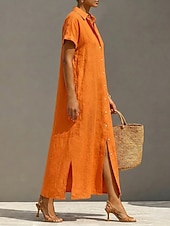  Women's Midi Dress Cotton Linen Dresses Shift Dress Basic Daily Loose Fit Plain Long Sleeve Shirt Collar Summer Spring Fall