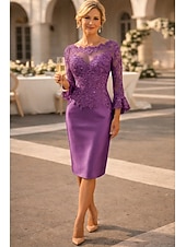 preiswerte Teelänge-Schlauchkleid Knielang Partykleid Cocktailkleid Kleid für Hochzeitsgäste Brautmutterkleid Langarm Juwelenhals Elegant Vintage luxuriös Hochzeitsgast Satin Spitze mit Applikationen
