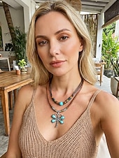 tanie Naszyjnik damski-Damski naszyjnik w stylu boho z wisiorkiem w kształcie ważki, dwuwarstwowy choker ze skóry ze stopu metali, z turkusowymi koralikami, idealny na wakacje na plaży, letnie podróże i codzienne, codzienne