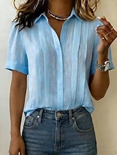 baratos Blusas Simples-Mulheres Blusa Pregueado Botões Côr Sólida Tecido Vintage à moda Casual Manga Curta Colarinho de Camisa Tops regulares Casual Diário Azul Branco Amarelo Rosa Azul Marinha Verão Primavera