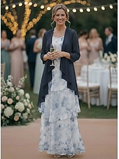 cheap Mom's Dress Sets-Two Piece A-Line Floor Length Wedding Guest Dress Mother of the Bride Dress Sleeveless 3/4 Length Sleeve Scoop Neck Elegant Simple Minimalist Formal Semi Formal Chiffon Jacquard with Floral Print
