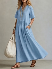 economico Vestito Semplice-abito lungo da donna elegante stile bohémien boho con pieghe, scollo a V, maniche corte, vestibilità ampia, tinta unita, blu chiaro, azzurro, giallo, verde chiaro, estate primavera