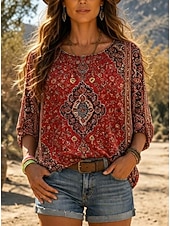 economico Tops Boho-Per donna Camicia Boho Blusa Patchwork Stampato Grafico Vintage Elegante Classico Manica Lunga Girocollo Top Regolari Quotidiano Ferie Uscire Cachi Rosa Vino Blu marino Primavera Autunno