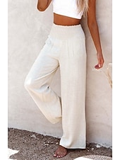 preiswerte Gerade geschnittene Hose-Damen Weites Bein Urlaub Stilvoll Volle Länge Hohe Taille Plissiert Komfort Dehnbar Täglich Strand Violett Marineblau Khaki Schwarz Sommer Frühling Lässiger Schnitt