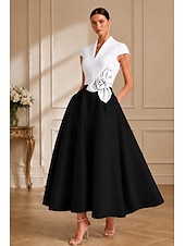 preiswerte Cocktailkleider-A-Linie Tee-Länge Cocktailkleider Partykleider Elegant Farbblock seidig Kurzarm V Ausschnitt Hochzeit Formell Tasche Satin mit Tasche