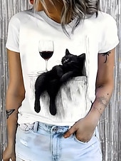 economico Maglietta Animali-Per donna Maglietta Stampato Grafico Animale Gatto Vintage Elegante Classico Manica Corta Girocollo Top Regolari Casuale Quotidiano Bianco Estate Primavera