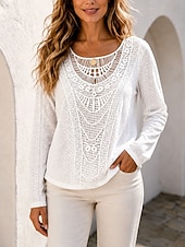 cheap Plain tee-Women's T Shirt Lace Solid Color Stylish Casual Long Sleeve Round Neck Regular Tops Casual Daily White Summer Spring