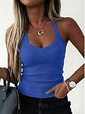 economico Serbatoio Semplice-Per donna Canotta A coste Senza schiena Tinta unica Elegante Caldo Spiaggia Senza Maniche All'americana Top corti Uscire Estate Blu Nero Bianco Grigio Estate