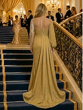 economico Abiti da ballo-Sirena Tromba Strascico da Corte Abito da Sera Abito da ballo con sopragonna Abito formale Elegante Manica Lunga Scollo Illusione Formale Con Paillettes con Pieghe Paillettes