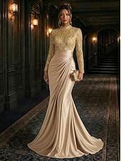 economico Abiti da Sera Sirena-Sirena Tromba Lunghezza al pavimento Abito da Sera Elegante Setoso Abito da sera stile impero Manica Lunga Collo Alto Matrimonio Formale Raso Elasticizzato Con Paillettes con Glitter Pieghe Perline