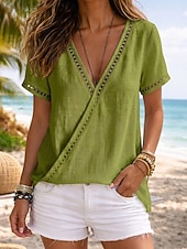 cheap Shirts-Women's Shirt Stylish Classic Short Sleeve V Neck Regular Tops Casual Going out Beach Wear Blue Yellow Pink Green Apricot Summer Spring