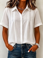 baratos Blusas Simples-Mulheres Blusa Pregueado Botões Côr Sólida Tecido Vintage à moda Casual Manga Curta Colarinho de Camisa Tops regulares Casual Diário Azul Branco Amarelo Rosa Azul Marinha Verão Primavera