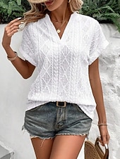  Mujer Blusa con textura Elegant Tops tejidos con textura Con Texturas Geométrico Elegante Clásico Manga Corta Escote en Pico Tops largos Casual Blanco Amarillo Verano Primavera