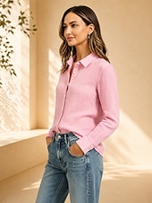 cheap Plain Blouses-Women's Shirt Solid Color Plain Vintage Daily Stylish Long Sleeve Shirt Collar Regular Tops Casual Blue White Pink Navy Blue Brown Summer Spring