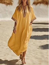 abordables Robe Simple-Femmes Robe maxi Robe Décontractée Robe d'été Basique Classique Quotidien Vacances Coupe Ample Uni Demi Manches Col en V Kaki Jaune Rose Claire Châtaigne Foncé Été Printemps