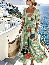  Damskie Sukienka maxi Codzienne sukienki Sukienka A line Elegancja Urlop Elegancki Plaża Święto Regularny Kwiaty Graficzny Rękaw 1/2 Półgolf Niebieski Czerwony Zielony Beżowy Lato Wiosna