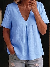  Mujer Camisa Blusa Elegante Bohemia Manga Corta Escote en Pico Tops largos Playa Negro Blanco Azul cielo Morado Dorado Verano Primavera