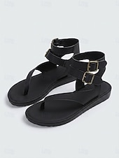 cheap Women-Women's Retro Leather Strappy Sandals - Casual Thong Flat Gladiators with Adjustable Ankle Buckle Straps for Island Vacation, Beach &amp; Cruise