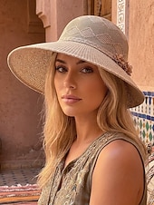baratos Chapéus Femininos-Chapéu de sol feminino boho de palha - chapéu de praia de verão com aba larga e decoração de flor 3D, fedora respirável em poliéster trançado para férias e uso casual diário. &amp;Proteção solar, várias