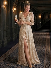 ieftine Rochii de seară în linie A-Linia -A Lungime Podea Rochii de seara Rochie formală Elegant Sclipici Split de înaltă Lungime Manșon 3/4 În V Serată Nuntă Paiete cu Strălucire Paiete Culoare solida