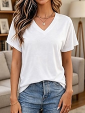 cheap Plain tee-Women's T Shirt Tee Top Solid Color Elegant Fashion Short Sleeve Raglan Sleeves V Neck Regular Tops Casual Daily Summer claret Cailan Black White Navy Blue Summer