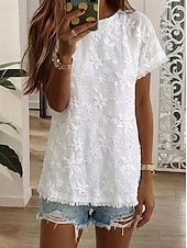  Femmes Chemisier Hauts en dentelle Dentelle Broderie Fleuri Élégant Moderne Manche Courte Col ras du cou Hauts Longs Quotidien Fête Été Blanche Été Printemps