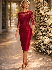 ieftine Lungimea ceaiului-Coloană Teacă Lungime Genunchi Rochie de petrecere Rochie de Cocktail Rochie pentru invitata de nunta Rochie Mama Miresei Lungime Manșon 3/4 Bijuterie Elegant Invitat la nunta Charmeuse cu Aplică