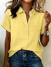 cheap Plain Blouses-Women's Shirt Plain Elegant Vintage Daily Short Sleeve Long Tops Casual Daily Office Blue Black White Yellow Pink Summer Spring
