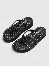 cheap Women-Women's Black Polka Dot Platform Flip Flops - Chic Polka Dot Pattern Wedge Thong Sandals for Beach Vacations, Summer Pool Parties &amp; Tropical Resort Travel