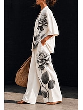 abordables Trajes de blusa para mujer-Mujer Camisa Conjuntos de lino y algodón Conjuntos de pantalones Manga Corta Escote en Pico Floral Graphic Geométrico Estampado Vacaciones Moda Ropa de calle Casual Diario Exterior Negro Blanco