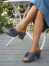 abordables Sandalias de tacón-Sandalias azules de tacón ancho con estampado floral para mujer: cómodas sandalias tipo mule sin cordones con suela acolchada para viajar y comprar. &amp;uso diario