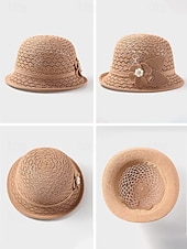 baratos Chapéus Femininos-Chapéu bucket feminino dobrável em poliéster respirável – chapéu de sol de verão com flor decorativa e pérola, multicolorido, elegante para uso externo, jardim, praia e férias.