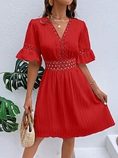 cheap Plain Dress-Women's Knee Length Dress Sundress Casual Dress Vacation Casual Boho Beach Party Date Regular Fit Plain Short Sleeve V Neck Blue White Yellow Red Summer Spring