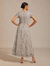  Mujer Vestido maxi Vestido de una línea Elegante Fiesta de Noche Acordonado Lentejuelas Floral Manga Corta Cuello Barco Gris Ligero