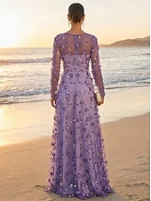 cheap Floor Length-A-Line Dress Floor Length Party Dress Cocktail Dress Mother of the Bride Dress Long Sleeve Crew Neck Elegant Vintage Luxurious Formal Wedding Guest Engagement Party Lace Tulle with 3D Flowers Pleats