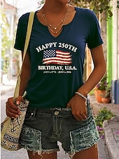  American Independence Day Women's T Shirt Print Graphic American Flag Vintage Stylish Classic Short Sleeve Notched Neck Regular Tops Daily Weekend White Red Ink Blue Green Summer Spring
