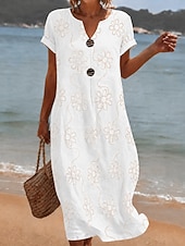  Robe brodée pour femme, robe midi à fleurs, robe d'été, basique classique pour tous les jours, vacances, coupe classique, manches courtes, col en V, bleu et blanc, été, printemps
