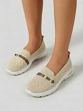 abordables Baskets femme-Baskets beiges respirantes pour femmes - chaussures de marche confortables à enfiler avec bride décorative en similicuir, baskets décontractées antidérapantes pour un usage quotidien, les voyages et