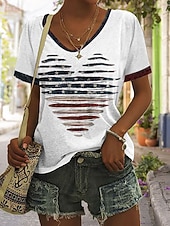 baratos Dia da Independência Top-Dia da Independência Americana Mulheres Camiseta Imprimir Gráfico Letra Bandeira americana à moda Clássico Casual Manga Curta Decote V Tops regulares Casual Diário Azul Branco Cinzento Verão Primavera