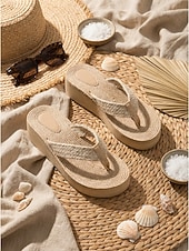 preiswerte Frauen-Damen-Flip-Flops aus Stroh mit Plateausohle – sommerliche Keilsandalen im Boho-Stil mit geflochtenen Riemen, ideal für Strandurlaub und Resort-Aktivitäten. &amp;gemütliches Spazierengehen im Freien