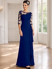 cheap Floor Length-Sheath Column Floor Length Wedding Guest Dress Formal Dresses Evening Gown Mother of the Bride Dress Half Sleeve Jewel Neck Elegant Mother Formal Evening Lace with Appliques