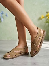 cheap Flat Sandals-Women's Khaki Crisscross Strap Flat Sandals - Closed-Toe Sandals with Adjustable Magic Tape, Casual Non-Slip Footwear for Summer Outings, Travel &amp; Daily Wear