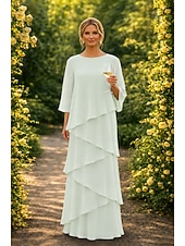 abordables Largo del piso-Funda Columna Hasta el Suelo Vestido Invitada Boda Vestido formal Vestido de noche Vestido de Madrina Manga 3/4 Cuello Barco Elegante Formal Gasa con Volantes