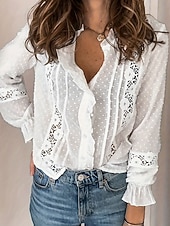 cheap Plain Blouses-Women's Blouse Buttons Plain Fashion Stylish Casual Long Sleeve Stand Collar Regular Tops Casual Daily Going out White Summer Spring