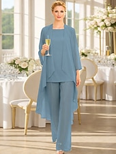 abordables Trajes de pantalón de mamá-Traje de pantalón Traje de 3 piezas Hasta el Suelo Vestido de Madrina Sin Mangas Barco de cuello Elegante Talla Grande Bolero incluido Invitado a la boda Gasa Vestidos de chaqueta con Un Color