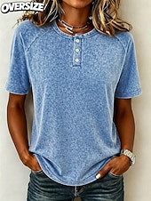 baratos Camiseta lisa-Camiseta feminina Softfade™ estilo Henley, raglan, com botões, cor sólida, estampa, lisa, vintage, moderna, elegante, manga curta, manga longa, casual, para uso diário, nas cores azul, roxo e cinza escuro, ideal para verão e primavera.