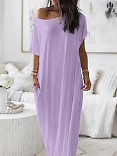 cheap Vacation Dresses-Women's Maxi Dress Casual Dress Elegant Fashion Beach Vacation Sun protection Loose Fit Plain Short Sleeve Boat Neck Yellow Purple Light Grey Summer