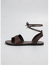 abordables Sandalias deslizantes-Sandalias planas marrones con cordones para mujer, cómodas sandalias de cuero con tiras que se atan al tobillo, ideales para cruceros y fiestas en yates. &amp;Escapadas de lujo al Mediterráneo en verano